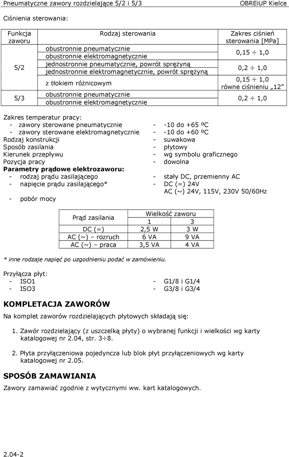 Sposób zasilania - płytowy Kierunek przepływu - wg symbolu graficznego Pozycja pracy - dowolna Parametry prądowe elektro: - rodzaj prądu zasilającego - stały DC, przemienny AC - napięcie prądu