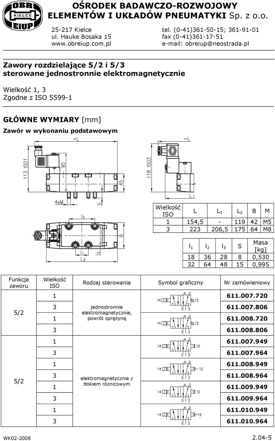 pl Zawory rozdzielające i 5/ sterowane jednostronnie 1, Zgodne z 5599-1 GŁÓWNE WYMIARY [mm] Zawór w wykonaniu podstawowym L L 1 L 2 B M 1 154,5-119 42 M5 22