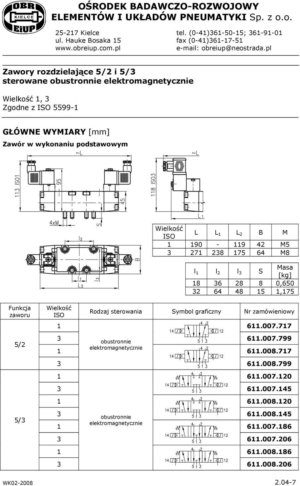 pl Zawory rozdzielające i 5/ sterowane 1, Zgodne z 5599-1 GŁÓWNE WYMIARY [mm] Zawór w wykonaniu podstawowym L L 1 L 2 B M 1 190-119 42 M5 271