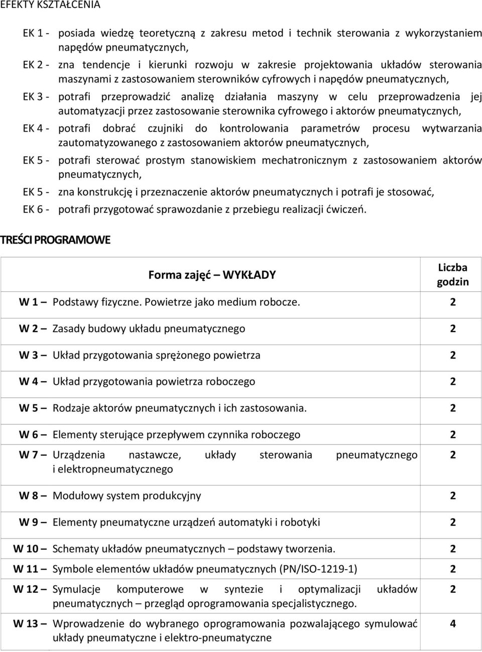 cyfrowego i aktorów pneumatycznych, EK 4 - potrafi dobrać czujniki do kontrolowania parametrów procesu wytwarzania zautomatyzowanego z zastosowaniem aktorów pneumatycznych, EK 5 - potrafi sterować