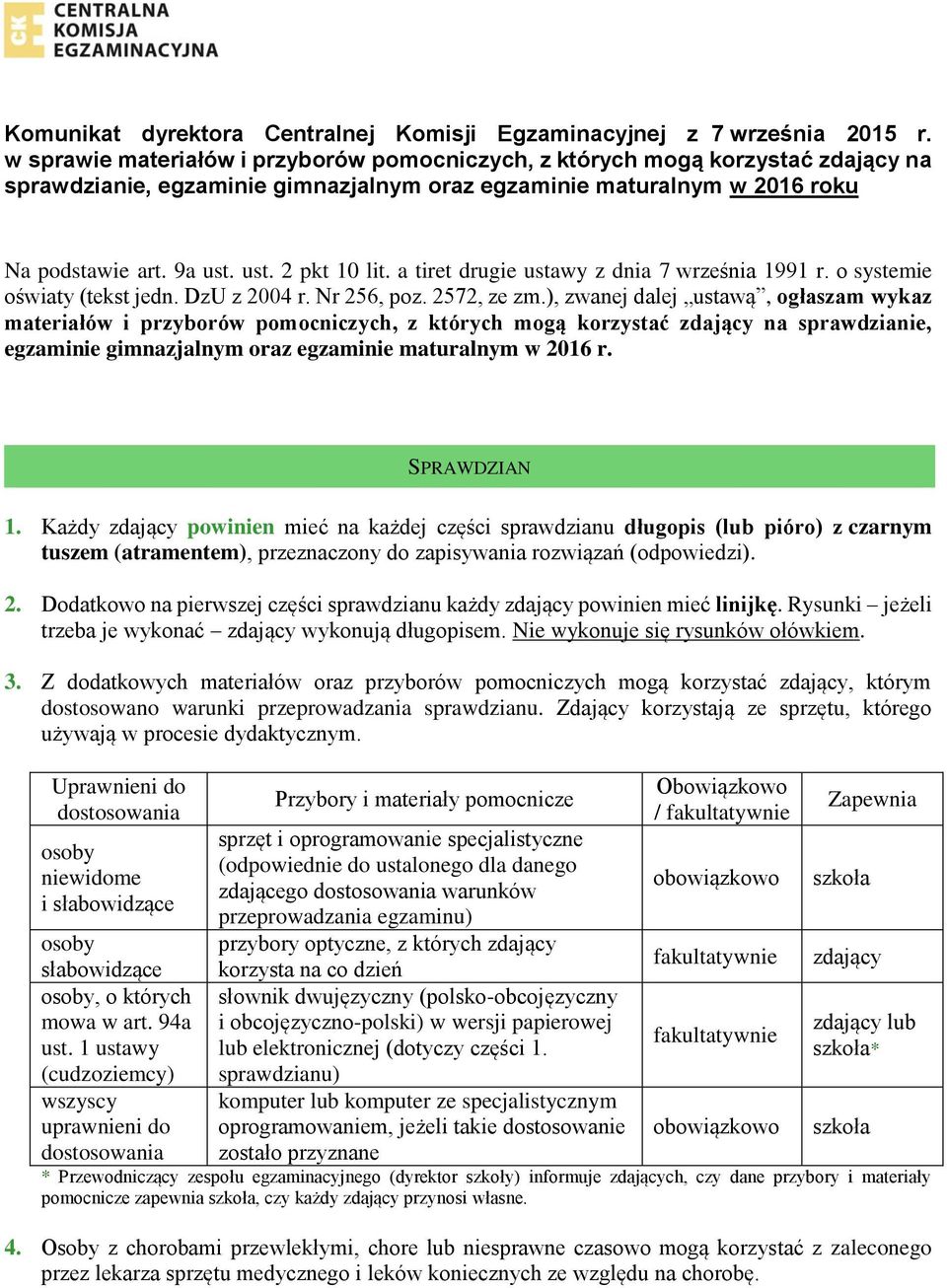 a tiret drugie ustawy z dnia 7 września 1991 r. o systemie oświaty (tekst jedn. DzU z 2004 r. Nr 256, poz. 2572, ze zm.