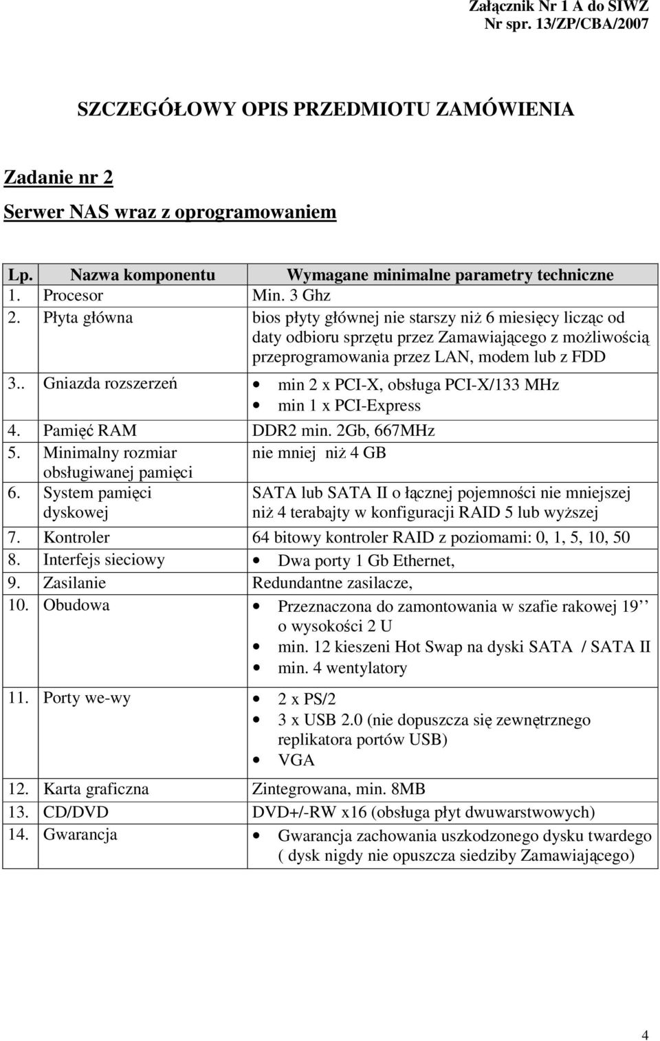 . Gniazda rozszerzeń min 2 x PCI-X, obsługa PCI-X/133 MHz min 1 x PCI-Express 4. Pamięć RAM DDR2 min. 2Gb, 667MHz 5. Minimalny rozmiar nie mniej niż 4 GB obsługiwanej pamięci 6.