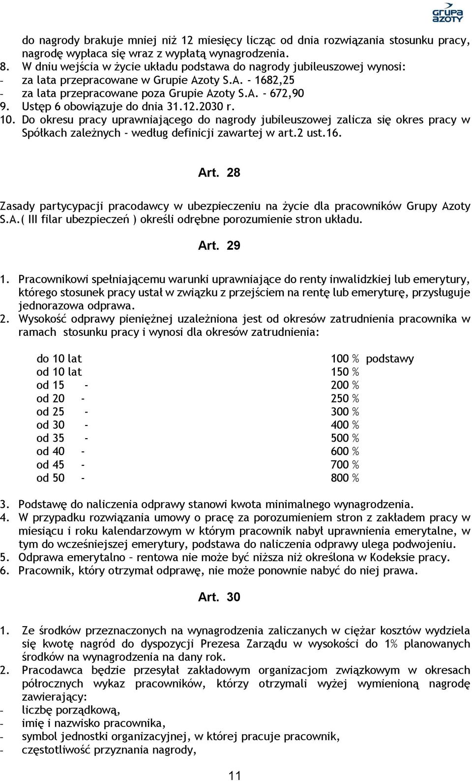 Ustęp 6 obowiązuje do dnia 31.12.2030 r. 10. Do okresu pracy uprawniającego do nagrody jubileuszowej zalicza się okres pracy w Spółkach zależnych - według definicji zawartej w art.2 ust.16. Art.