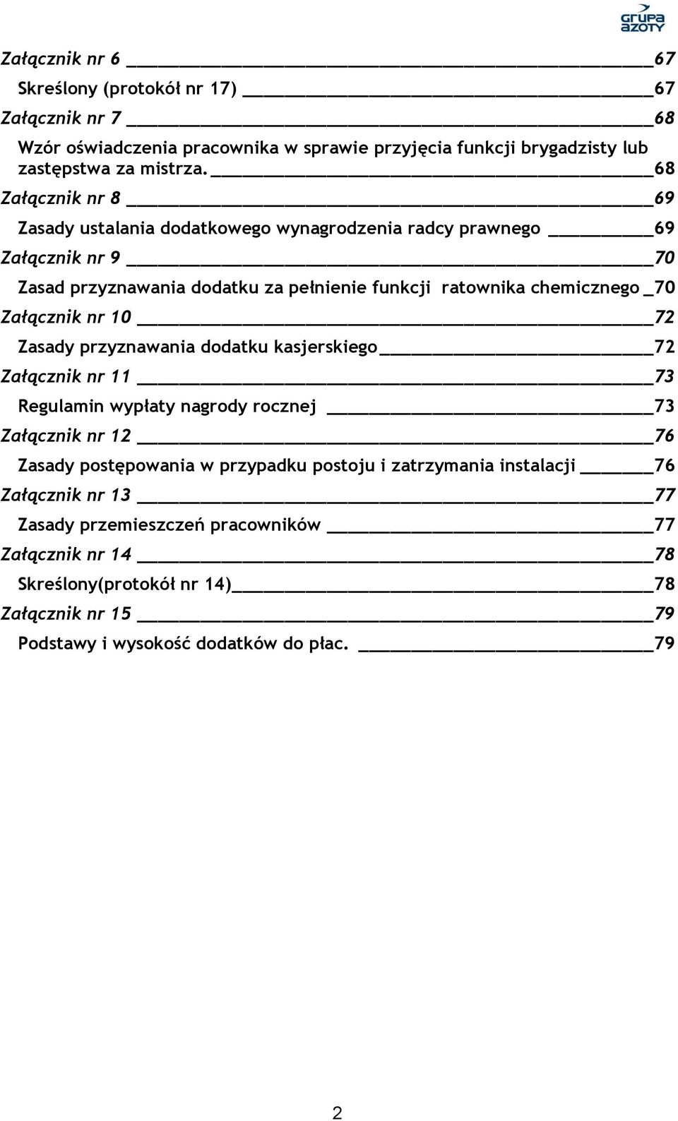 Załącznik nr 10 72 Zasady przyznawania dodatku kasjerskiego 72 Załącznik nr 11 73 Regulamin wypłaty nagrody rocznej 73 Załącznik nr 12 76 Zasady postępowania w przypadku