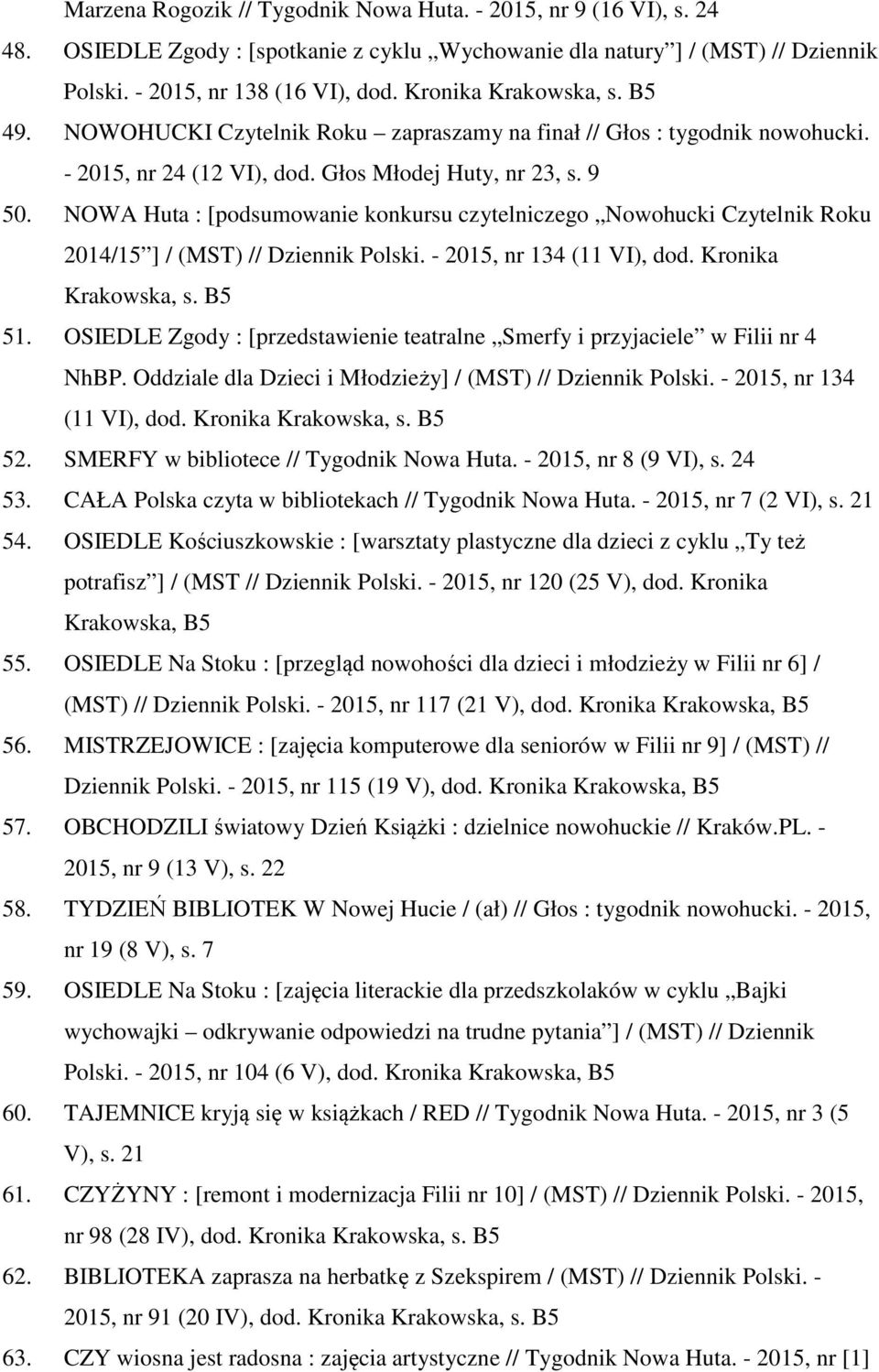 NOWA Huta : [podsumowanie konkursu czytelniczego Nowohucki Czytelnik Roku 2014/15 ] / (MST) // Dziennik Polski. - 2015, nr 134 (11 VI), dod. Kronika 51.