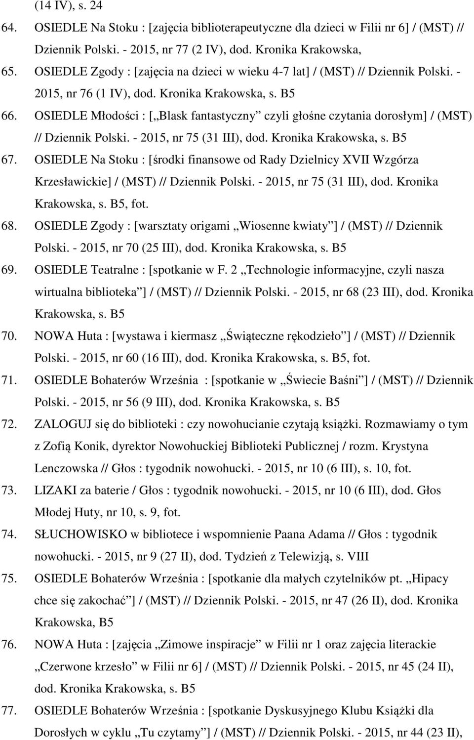 OSIEDLE Młodości : [ Blask fantastyczny czyli głośne czytania dorosłym] / (MST) // Dziennik Polski. - 2015, nr 75 (31 III), dod. Kronika 67.