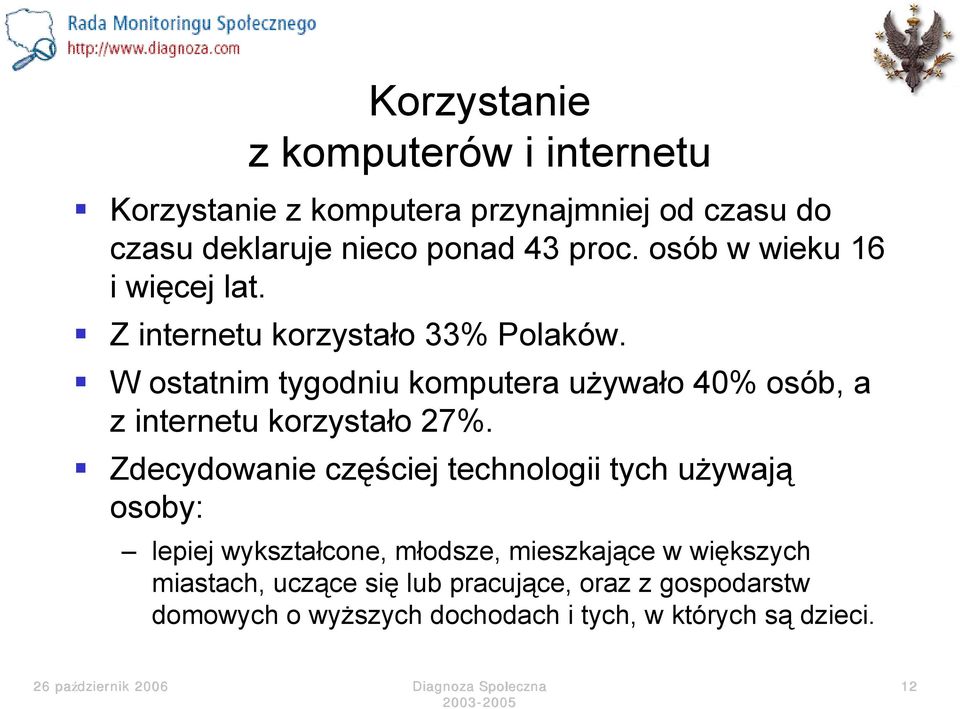 W ostatnim tygodniu komputera używało 4 osób, a z internetu korzystało 27%.