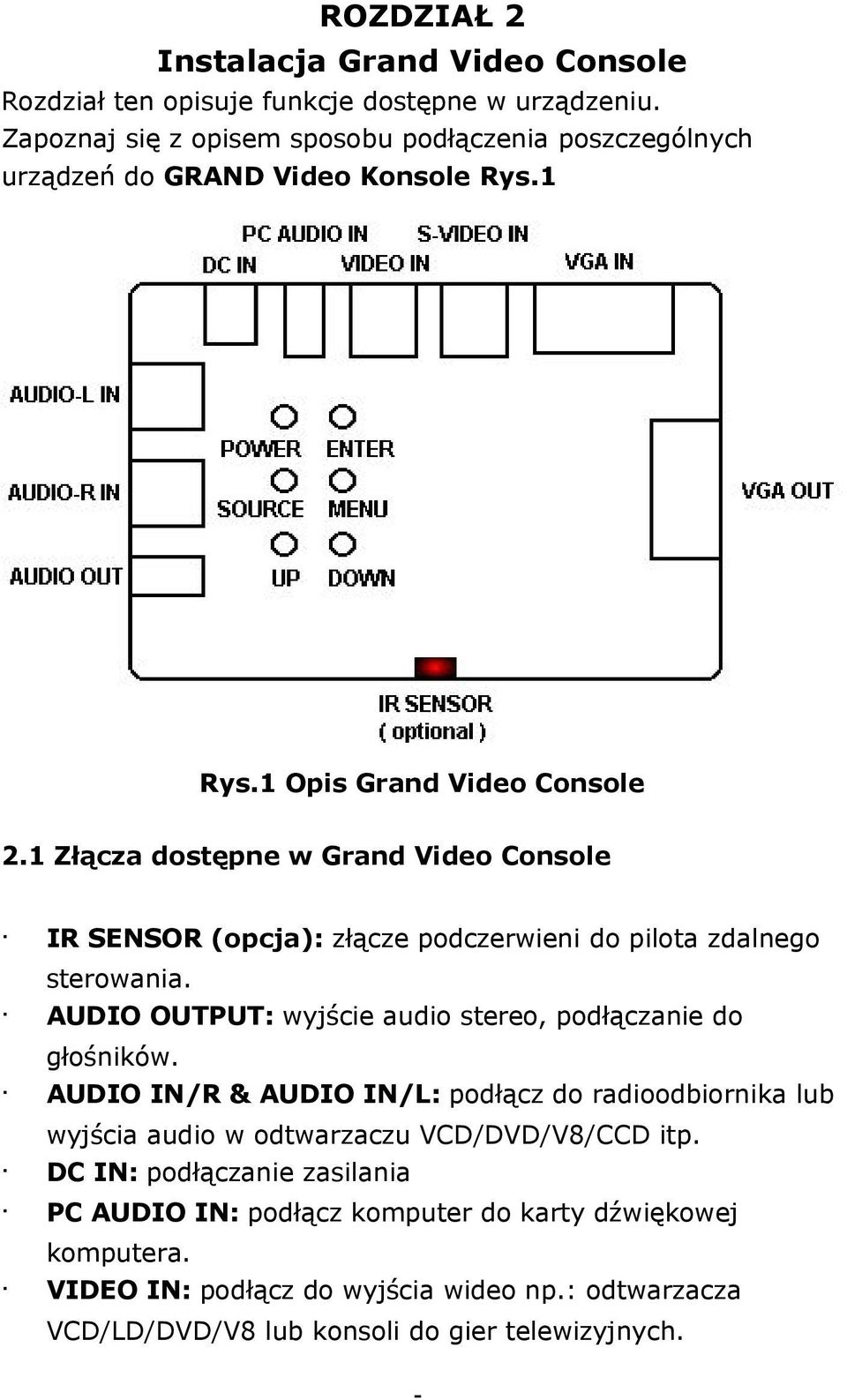 1 Złącza dostępne w Grand Video Console IR SENSOR (opcja): złącze podczerwieni do pilota zdalnego sterowania. AUDIO OUTPUT: wyjście audio stereo, podłączanie do głośników.