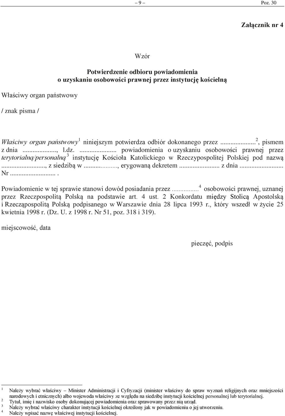 potwierdza odbiór dokonanego przez... 2, pismem z dnia..., l.dz.... powiadomienia o uzyskaniu osobowości prawnej przez terytorialną/personalną 3 instytucję Kościoła Katolickiego w Rzeczypospolitej Polskiej pod nazwą.