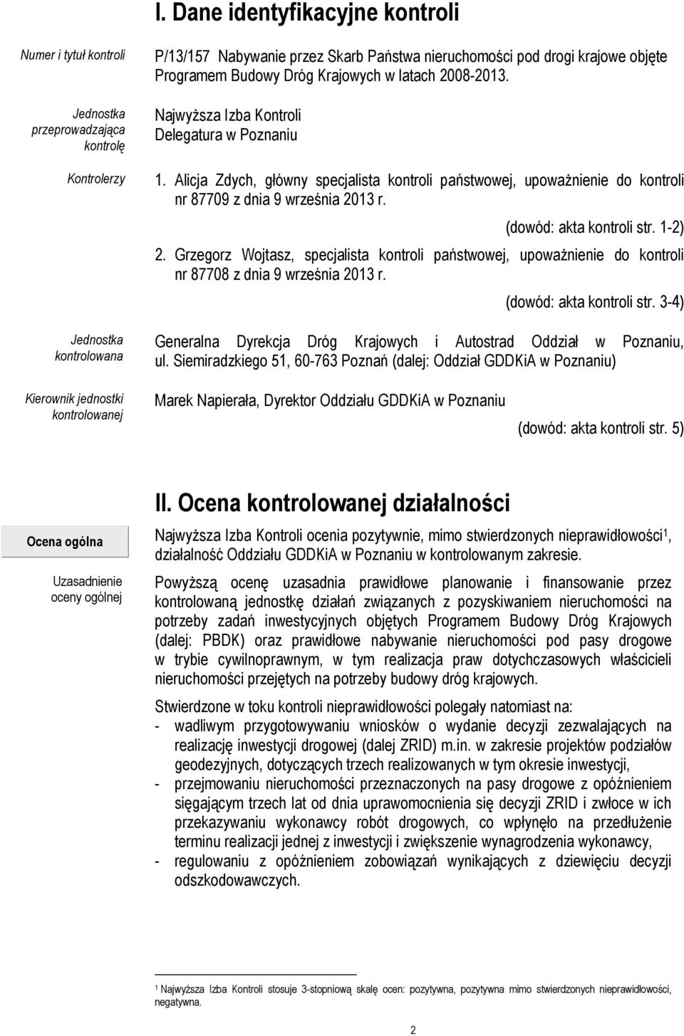 Alicja Zdych, główny specjalista kontroli państwowej, upoważnienie do kontroli nr 87709 z dnia 9 września 2013 r. (dowód: akta kontroli str. 1-2) 2.