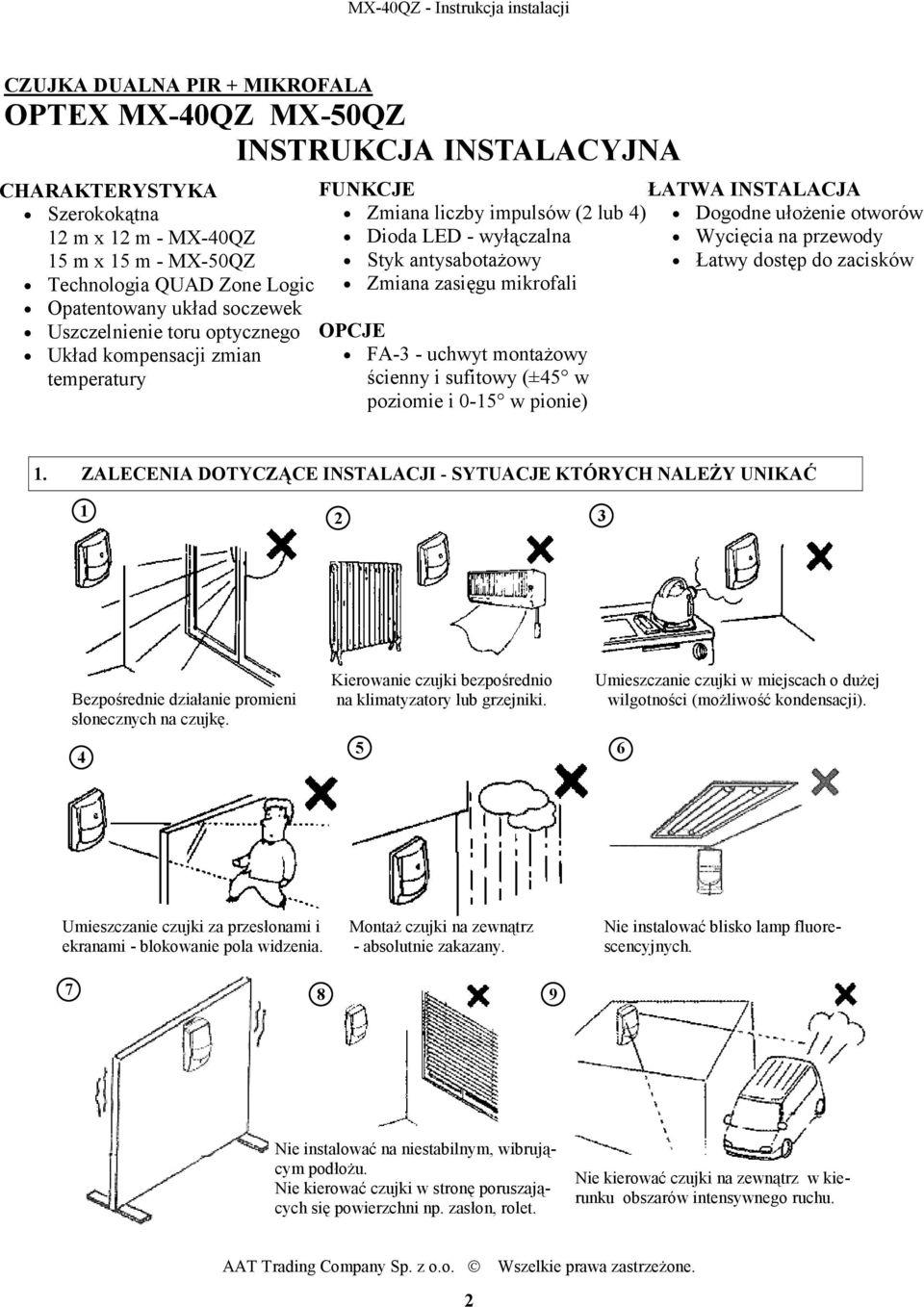 uchwyt montażowy ścienny i sufitowy (±45 w poziomie i 0-15 w pionie) ŁATWA INSTALACJA Dogodne ułożenie otworów Wycięcia na przewody Łatwy dostęp do zacisków 1.