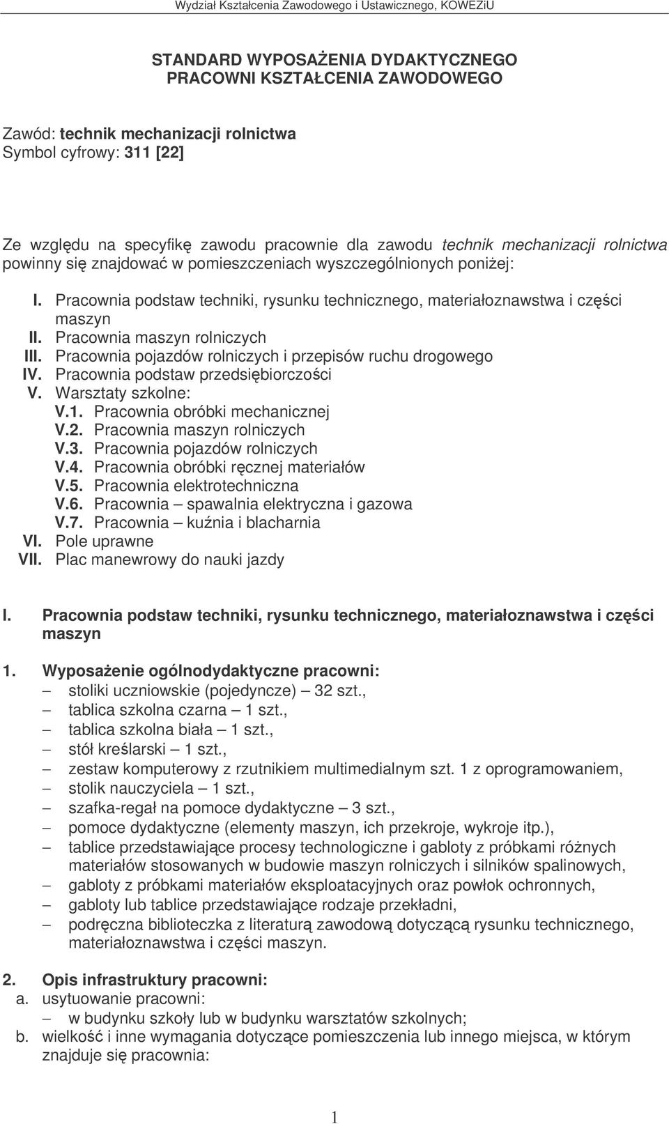 Pracownia pojazdów rolniczych i przepisów ruchu drogowego IV. Pracownia podstaw przedsibiorczoci V. Warsztaty szkolne: V.1. Pracownia obróbki mechanicznej V.2. Pracownia maszyn rolniczych V.3.