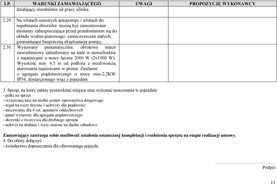 bezpieczną eksploatację pompy. 2.30. Wysuwany pneumatycznie, obrotowy maszt oświetleniowy zabudowany na stałe w samochodzie z najaśnicami o mocy łączne 2000 W (2x1000 W). Wysokość min.