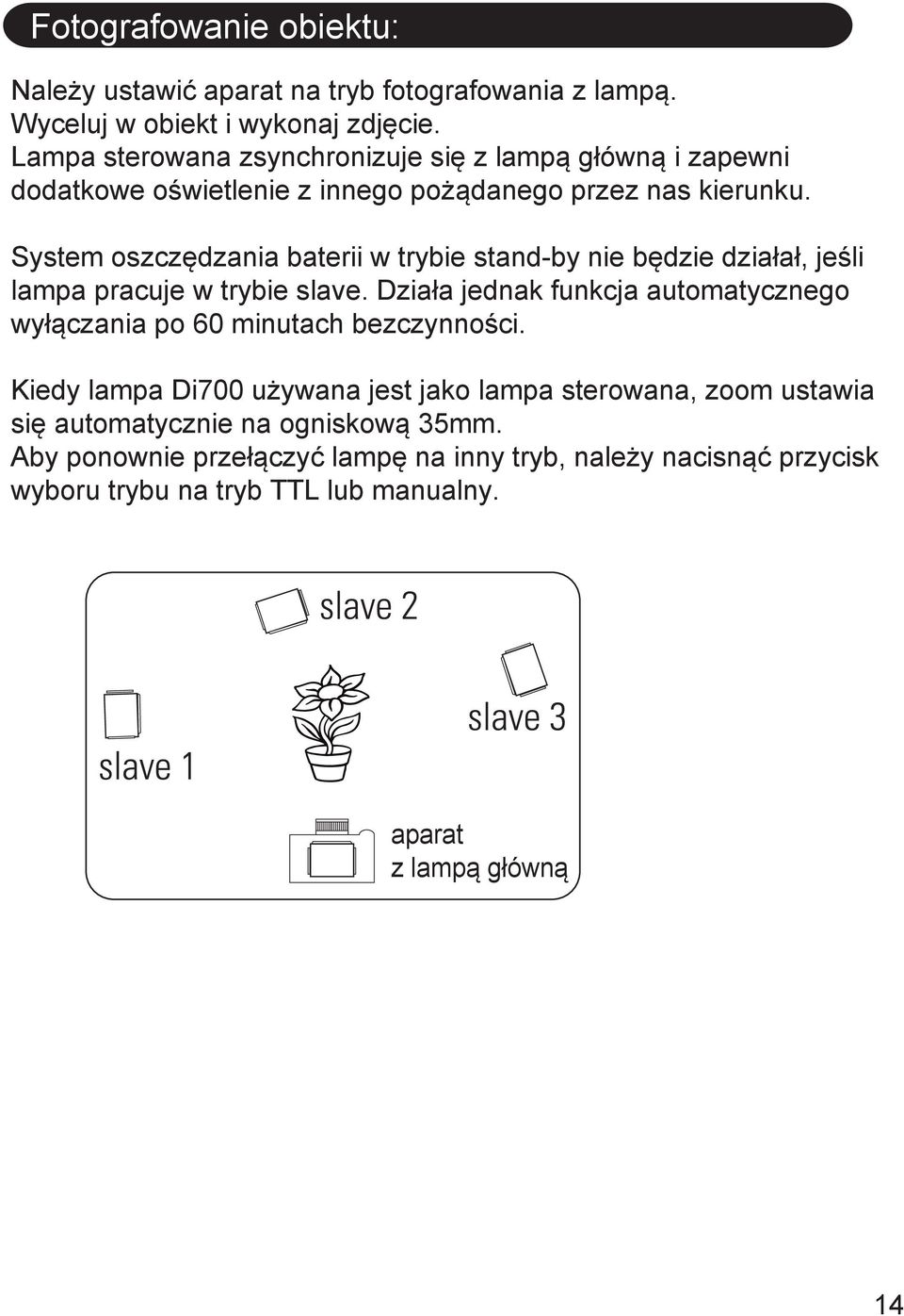 System oszczędzania baterii w trybie stand-by nie będzie działał, jeśli lampa pracuje w trybie slave.