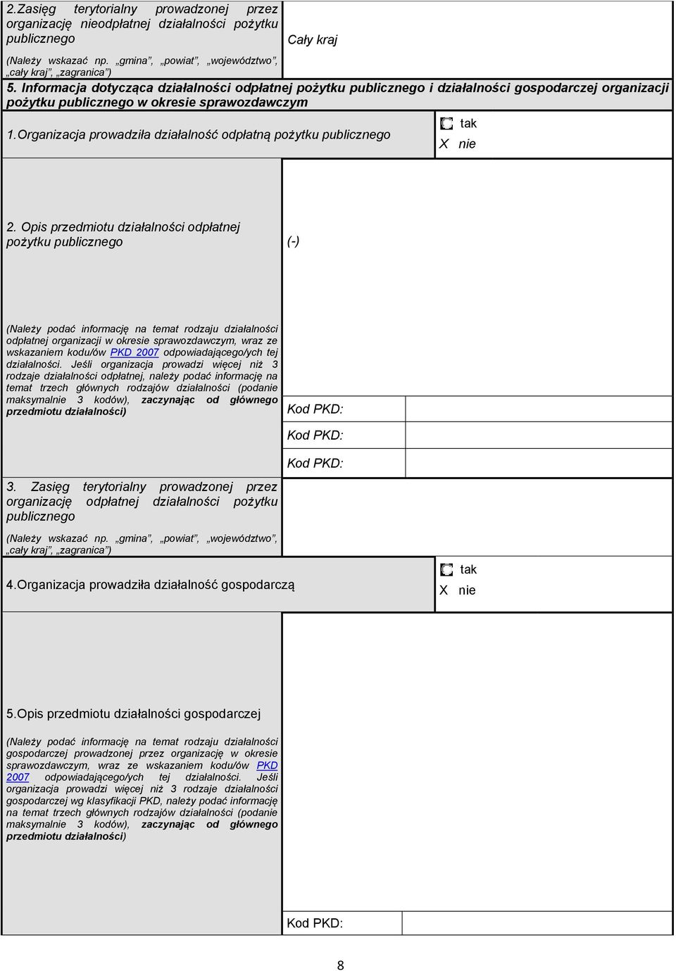 Organizacja prowadziła działalność odpłatną pożytku publicznego X nie.