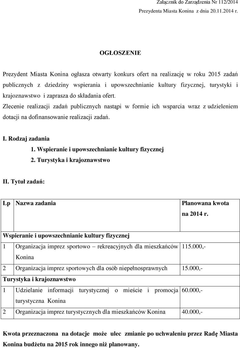 zaprasza do składania ofert. Zlecenie realizacji zadań publicznych nastąpi w formie ich wsparcia wraz z udzieleniem dotacji na dofinansowanie realizacji zadań. I. Rodzaj zadania 1.