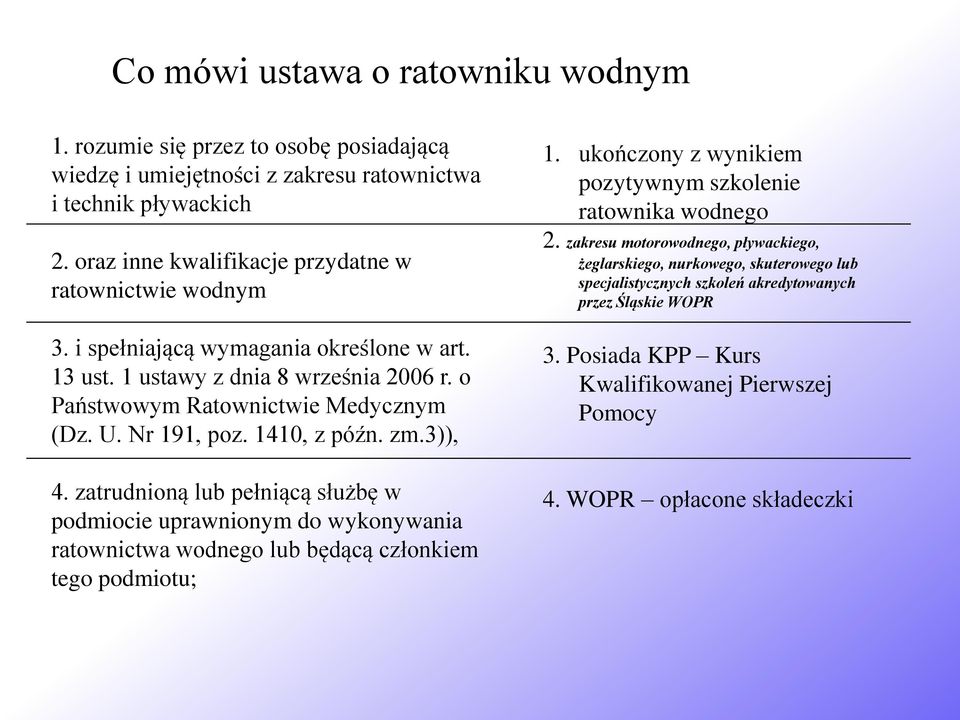 Nr 191, poz. 1410, z późn. zm.3)), 4. zatrudnioną lub pełniącą służbę w podmiocie uprawnionym do wykonywania ratownictwa wodnego lub będącą członkiem tego podmiotu; 1.