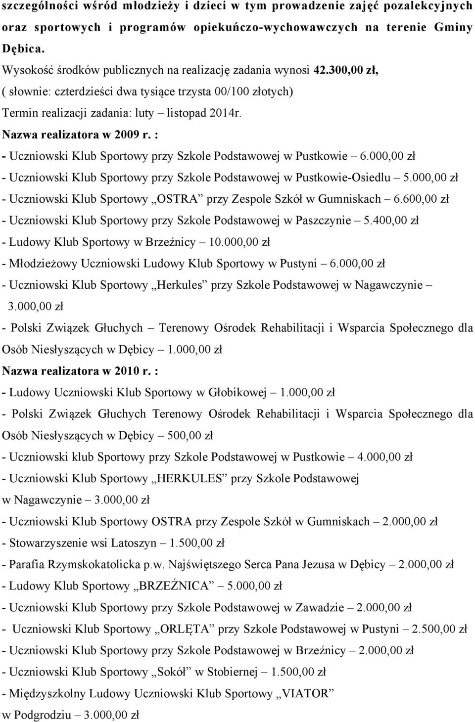 Nazwa realizatora w 2009 r. : - Uczniowski Klub Sportowy przy Szkole Podstawowej w Pustkowie 6.000,00 zł - Uczniowski Klub Sportowy przy Szkole Podstawowej w Pustkowie-Osiedlu 5.