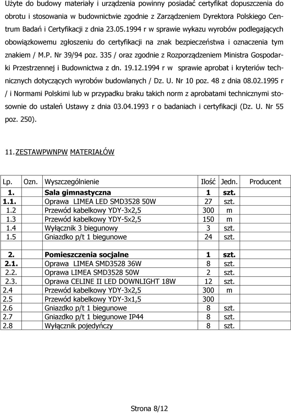 335 / oraz zgodnie z Rozporządzeniem Ministra Gospodarki Przestrzennej i Budownictwa z dn. 19.12.1994 r w sprawie aprobat i kryteriów technicznych dotyczących wyrobów budowlanych / Dz. U. Nr 10 poz.