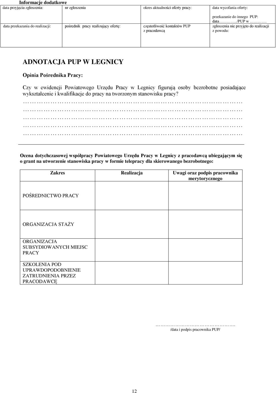 zgłoszenia przyjęto do realizacji z powodu: ADNOTACJA PUP W LEGNICY Opinia Pośrednika Pracy: Czy w ewidencji Powiatowego Urzędu Pracy w Legnicy figurują osoby bezrobotne posiadające wykształce i