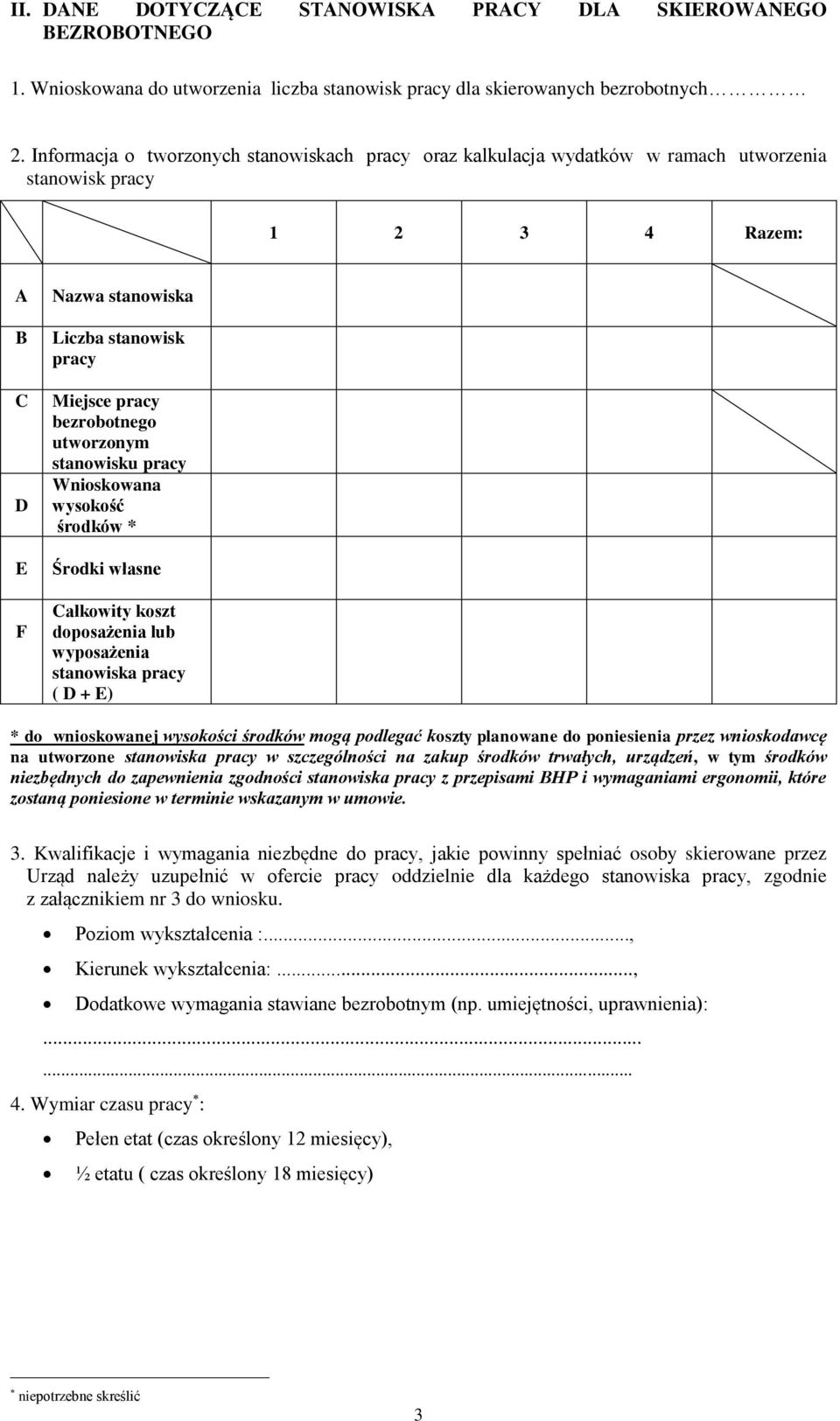 utworzonym stanowisku pracy Wnioskowana wysokość środków * Środki własne Całkowity koszt doposażenia lub wyposażenia stanowiska pracy ( D + E) * do wnioskowanej wysokości środków mogą podlegać koszty
