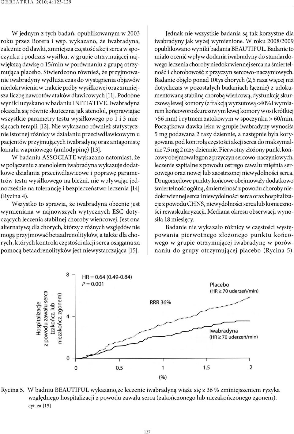 Stwierdzono również, że przyjmowanie iwabradyny wydłuża czas do wystąpienia objawów niedokrwienia w trakcie próby wysiłkowej oraz zmniejsza liczbę nawrotów ataków dławicowych [11].