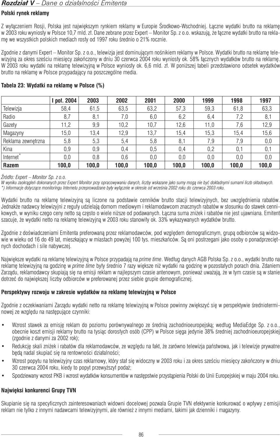 z o.o., telewizja jest dominującym nośnikiem reklamy w Polsce. Wydatki brutto na reklamę telewizyjną za okres sześciu miesięcy zakończony w dniu 30 czerwca 2004 roku wyniosły ok.