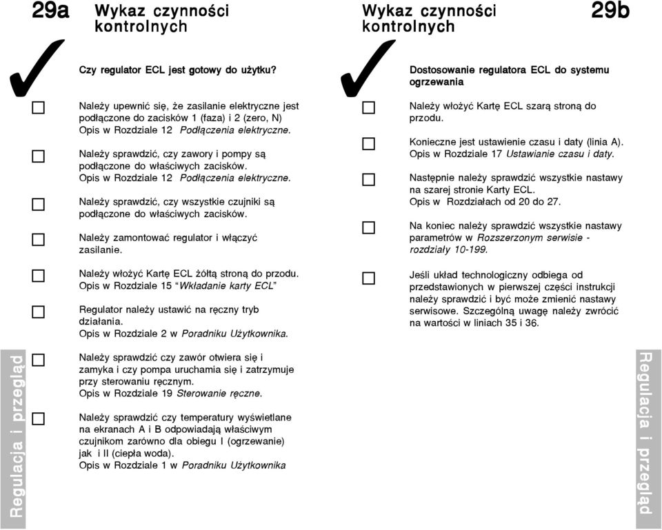 Nale y sprawdziæ, czy zawory i pompy s¹ pod³¹czone do w³aœciwych zacisków. Opis w Rozdziale 12 Pod³¹czenia elektryczne. Nale y sprawdziæ, czy wszystkie czujniki s¹ pod³¹czone do w³aœciwych zacisków.