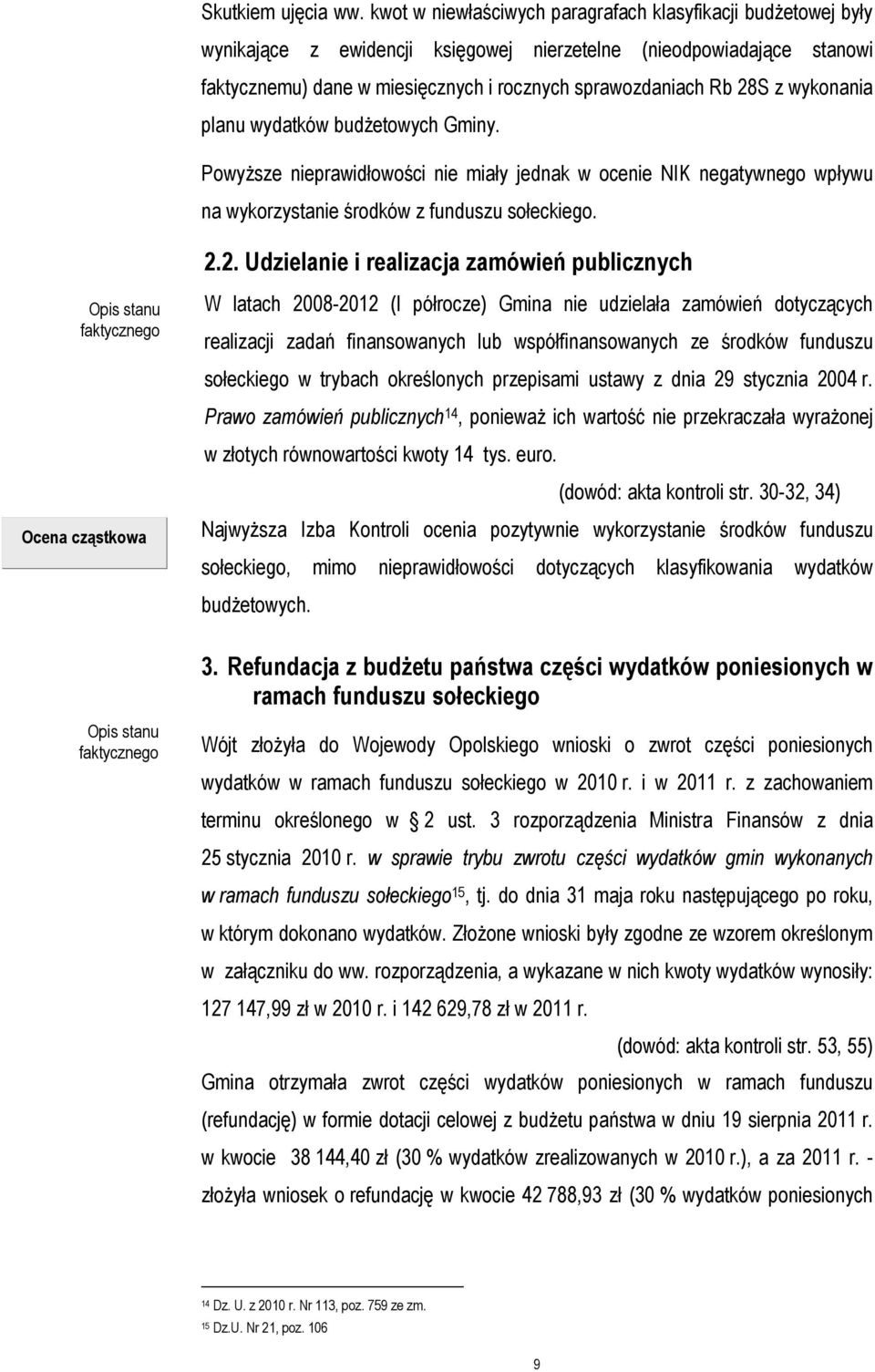 z wykonania planu wydatków budżetowych Gminy. Powyższe nieprawidłowości nie miały jednak w ocenie NIK negatywnego wpływu na wykorzystanie środków z funduszu sołeckiego. 2.