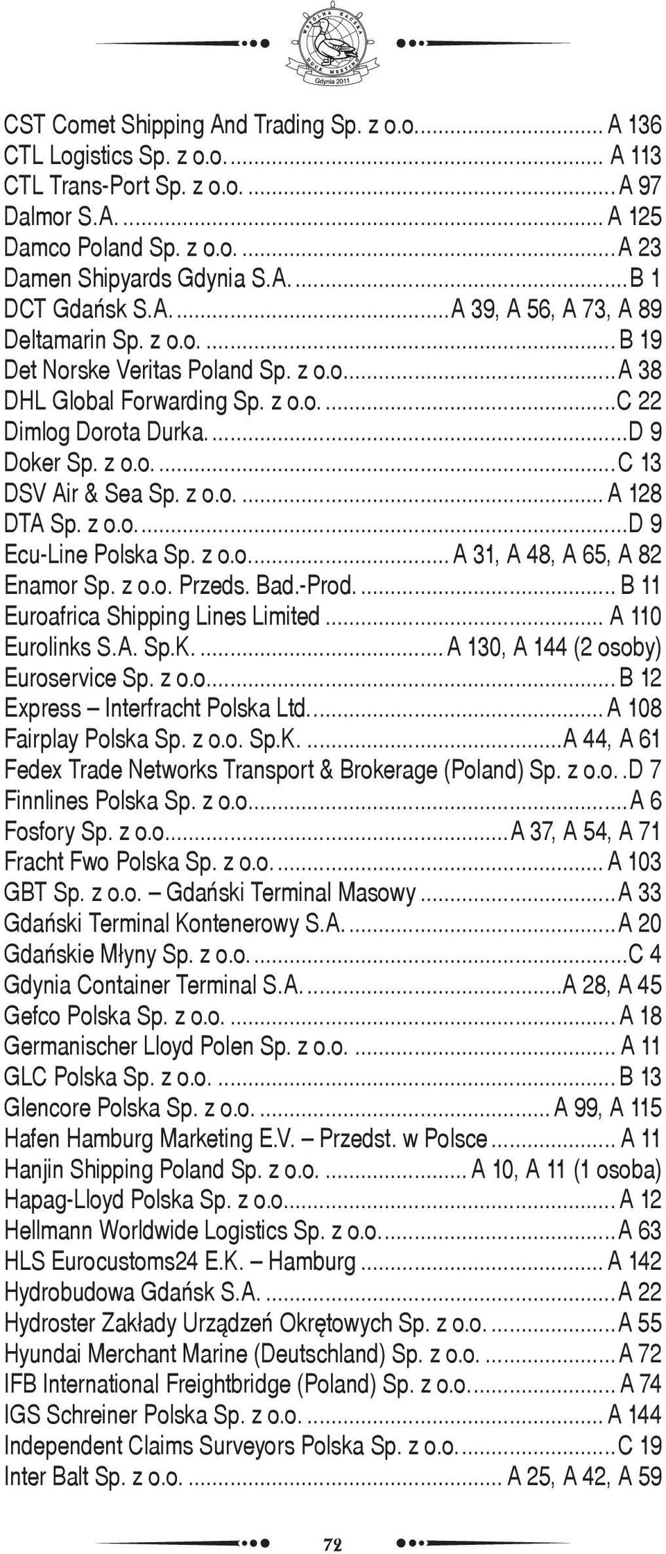 z o.o.... A 128 DTA Sp. z o.o....d 9 Ecu-Line Polska Sp. z o.o.... A 31, A 48, A 65, A 82 Enamor Sp. z o.o. Przeds. Bad.-Prod.... B 11 Euroafrica Shipping Lines Limited... A 110 Eurolinks S.A. Sp.K.