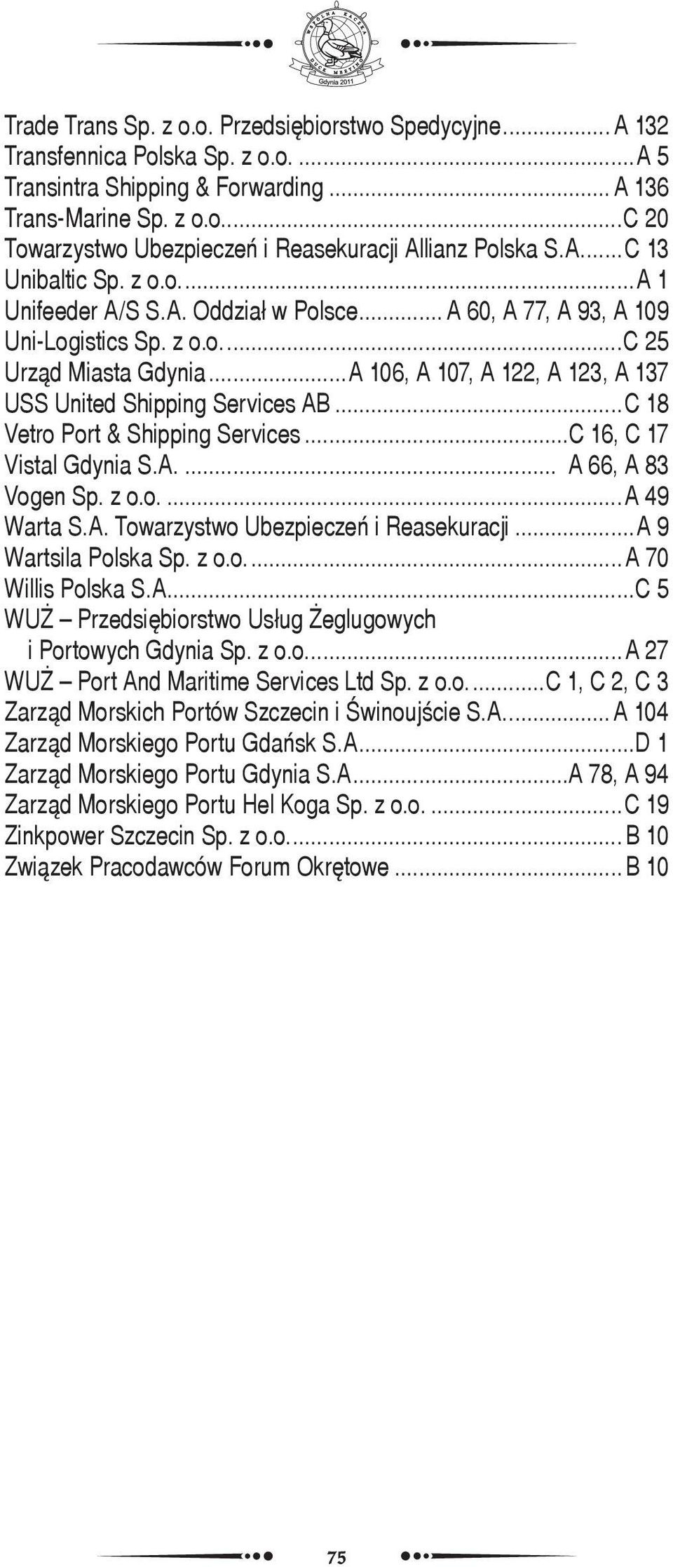 ..A 106, A 107, A 122, A 123, A 137 USS United Shipping Services AB...C 18 Vetro Port & Shipping Services...C 16, C 17 Vistal Gdynia S.A.... A 66, A 83 Vogen Sp. z o.o....a 49 Warta S.A. Towarzystwo Ubezpieczeń i Reasekuracji.