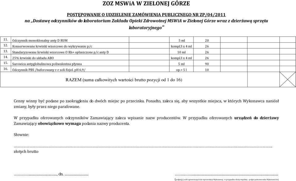 = 5 l 10 RAZEM (suma całkowitych wartości od 1 do 16) Cenny winny być podane po zaokrągleniu do dwóch miejsc po przecinku.