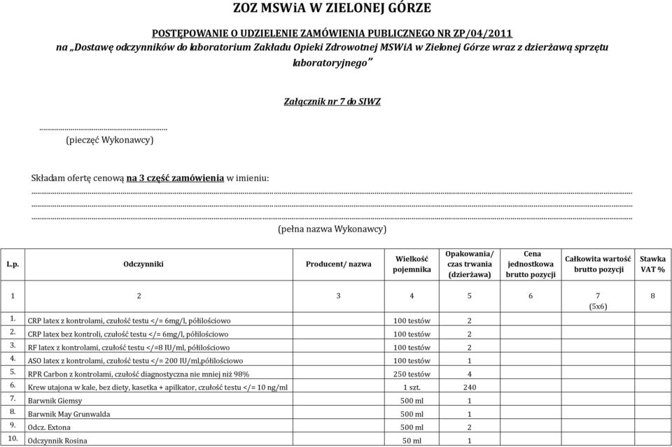 RF latex z kontrolami, czułość testu </=8 IU/ml, półilościowo 100 testów 2 4. ASO latex z kontrolami, czułość testu </= 200 IU/ml,półilościowo 100 testów 1 5.