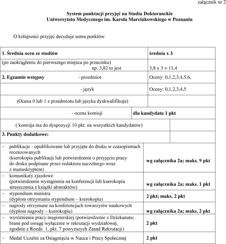 Egzamin wstępny - przedmiot Oceny: 0,1,2,3,4,5,6, (Ocena 0 lub 1 z przedmiotu lub języka dyskwalifikuje) - język Oceny: 0,1,2,3,4,5 - ocena komisji dla kandydata 1 pkt ( komisja ma do dyspozycji 10