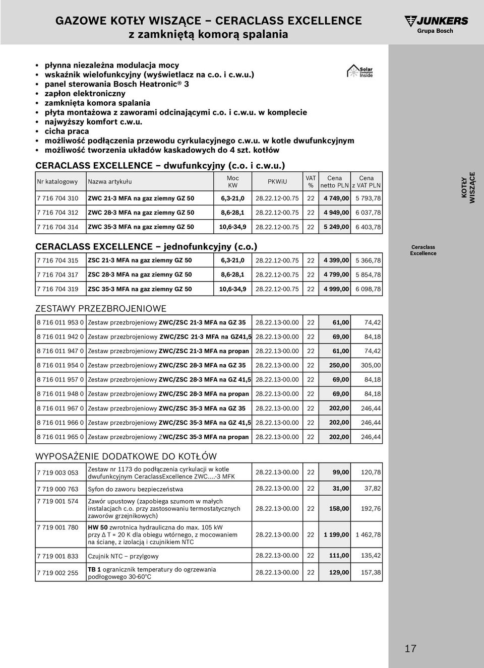 w.u. cicha praca możliwość podłączenia przewodu cyrkulacyjnego c.w.u. w kotle dwufunkcyjnym możliwość tworzenia układów kaskadowych do 4 szt. kotłów CERACLASS EXCELLENCE dwufunkcyjny (c.o. i c.w.u.) Nr katalogowy Nazwa artykułu Moc KW PKWiU netto PLN z PLN 7 76 704 30 ZWC 2-3 MFA na gaz ziemny GZ 50 6,3-2,0 28.