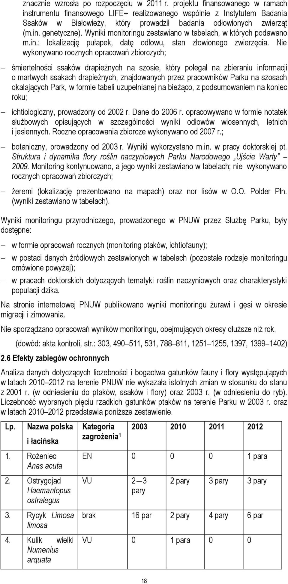 Wyniki monitoringu zestawiano w tabelach, w których podawano m.in.: lokalizację pułapek, datę odłowu, stan złowionego zwierzęcia.