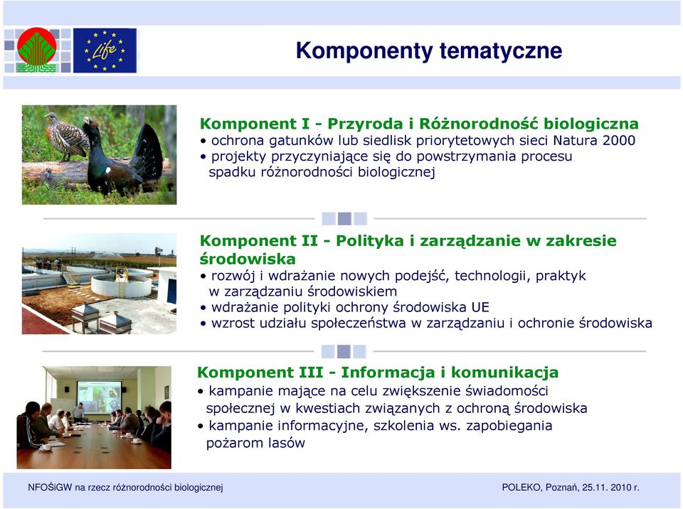 praktyk w zarządzaniu środowiskiem wdrażanie polityki ochrony środowiska UE wzrost udziału społeczeństwa w zarządzaniu i ochronie środowiska Komponent III - Informacja i