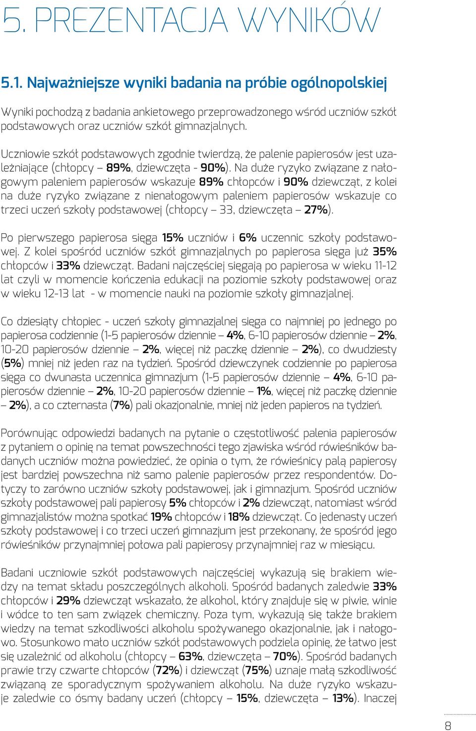 Uczniowie szkół podstawowych zgodnie twierdzą, że palenie papierosów jest uzależniające (chłopcy 89%, dziewczęta - 90%).