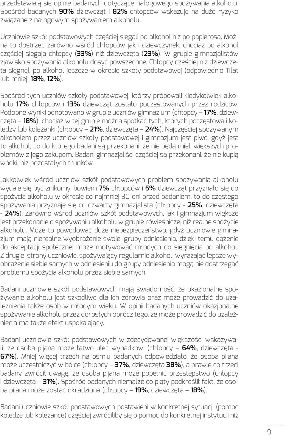 Można to dostrzec zarówno wśród chłopców jak i dziewczynek, chociaż po alkohol częściej sięgają chłopcy (33%) niż dziewczęta (23%).