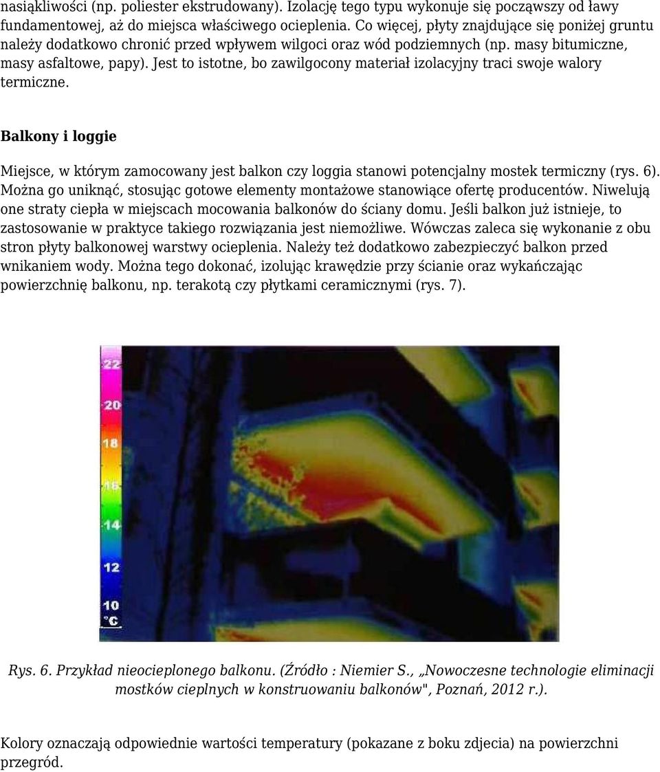 Jest to istotne, bo zawilgocony materiał izolacyjny traci swoje walory termiczne. Balkony i loggie Miejsce, w którym zamocowany jest balkon czy loggia stanowi potencjalny mostek termiczny (rys. 6).