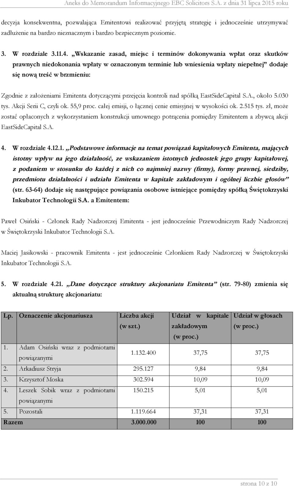 założeniami Emitenta dotyczącymi przejęcia kontroli nad spółką EastSideCapital S.A., około 5.030 tys. Akcji Serii C, czyli ok. 55,9 proc. całej emisji, o łącznej cenie emisyjnej w wysokości ok. 2.