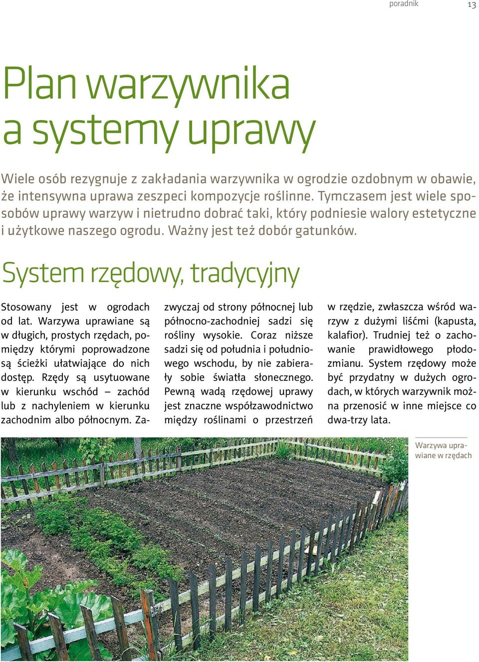 System rzędowy, tradycyjny Stosowany jest w ogrodach od lat. Warzywa uprawiane są w długich, prostych rzędach, pomiędzy którymi poprowadzone są ścieżki ułatwiające do nich dostęp.