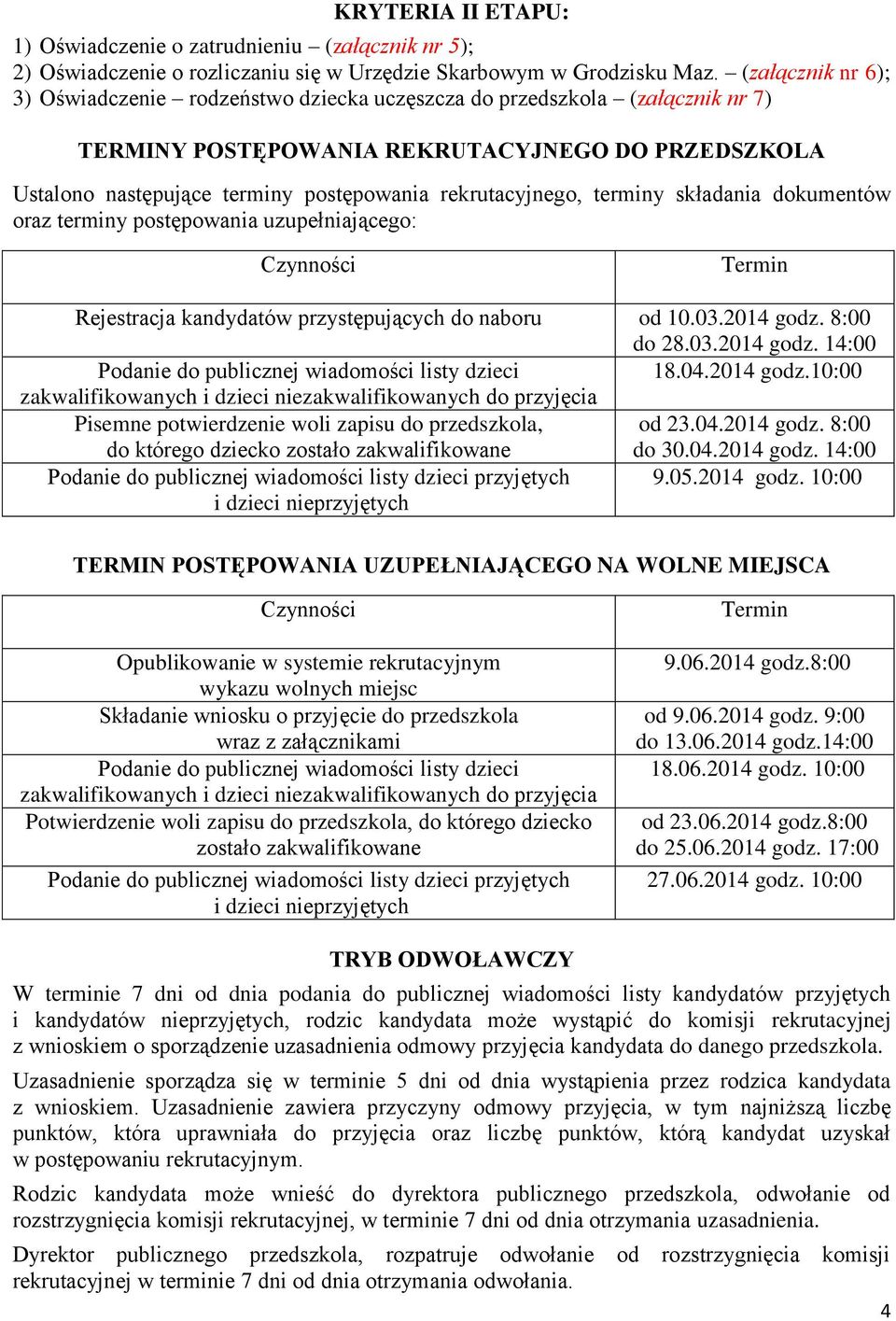 rekrutacyjnego, terminy składania dokumentów oraz terminy postępowania uzupełniającego: Czynności Termin Rejestracja kandydatów przystępujących do naboru od 10.03.2014 godz.