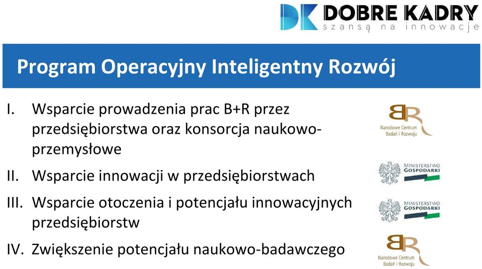 naukowoprzemysłowe II. Wsparcie innowacji w przedsiębiorstwach III.