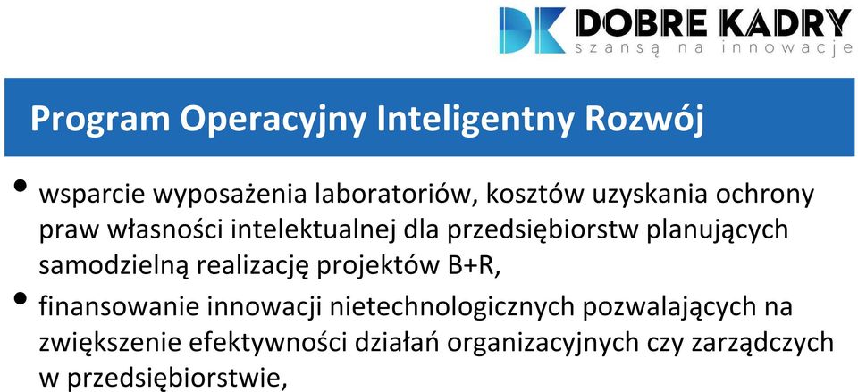 samodzielną realizację projektów B+R, finansowanie innowacji nietechnologicznych