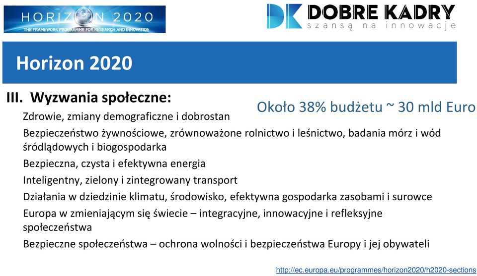 śródlądowych i biogospodarka Bezpieczna, czysta i efektywna energia Inteligentny, zielony i zintegrowany transport Około 38% budżetu ~ 30 mld Euro