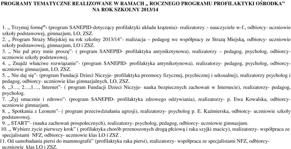 Program Straży Miejskiej na rok szkolny 2013/14 - realizacja pedagog we współpracy ze Strażą Miejską, odbiorcy- uczniowie szkoły podstawowej, gimnazjum, LO i ZSZ. 3.