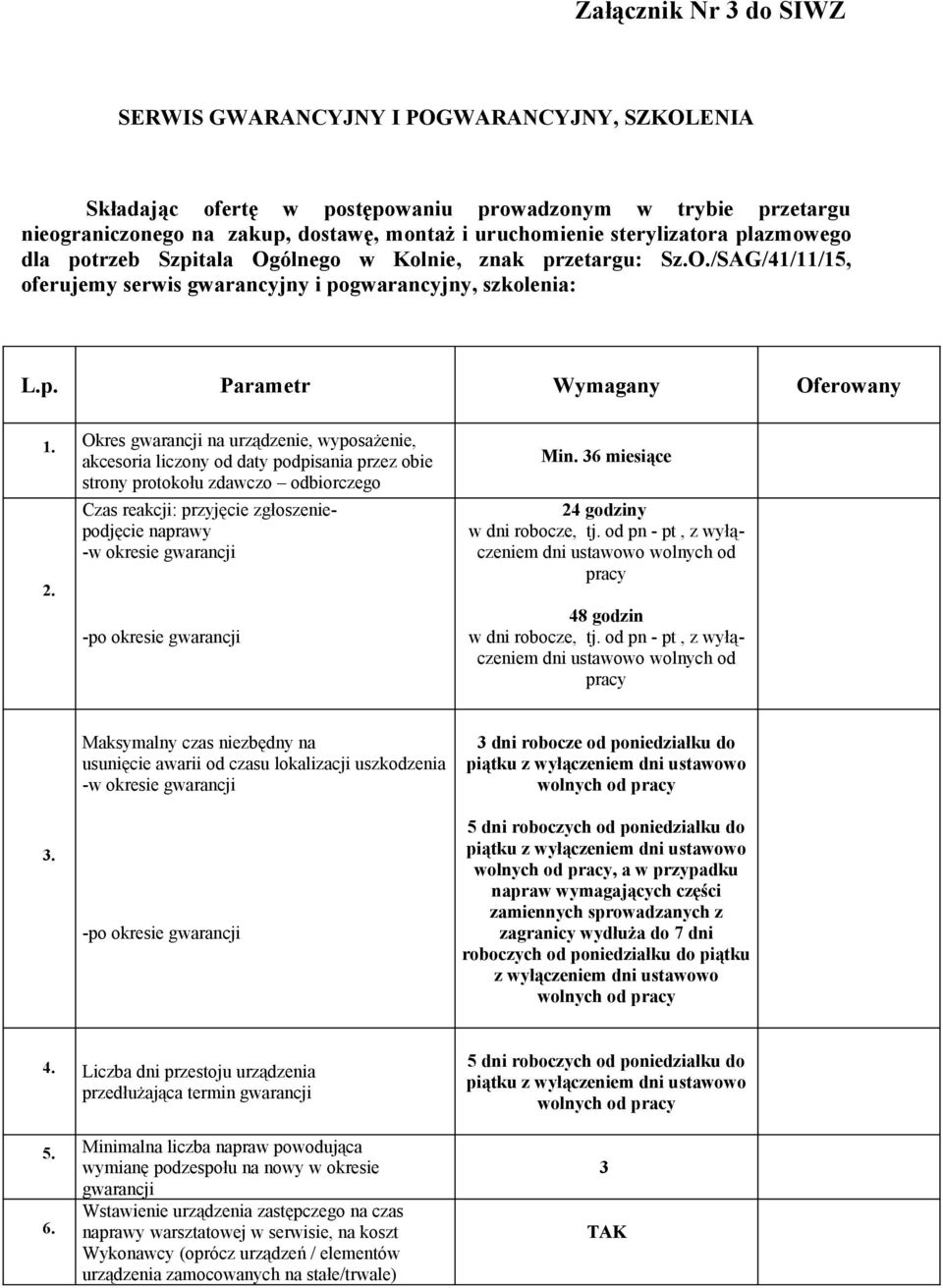Okres gwarancji na urządzenie, wyposażenie, akcesoria liczony od daty podpisania przez obie strony protokołu zdawczo odbiorczego 2.