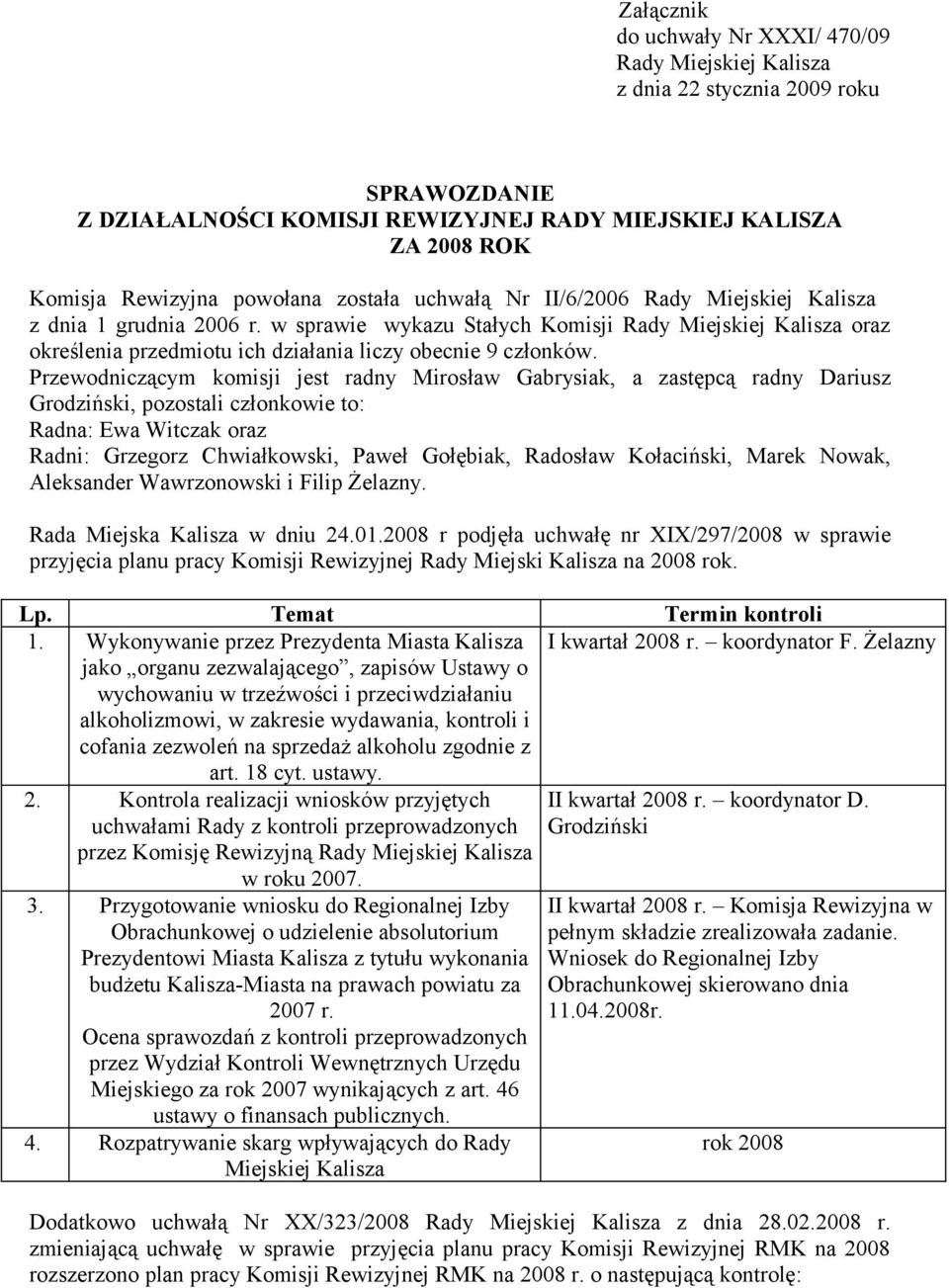 Przewodniczącym komisji jest radny Mirosław Gabrysiak, a zastępcą radny Dariusz Grodziński, pozostali członkowie to: Radna: Ewa Witczak oraz Radni: Grzegorz Chwiałkowski, Paweł Gołębiak, Radosław