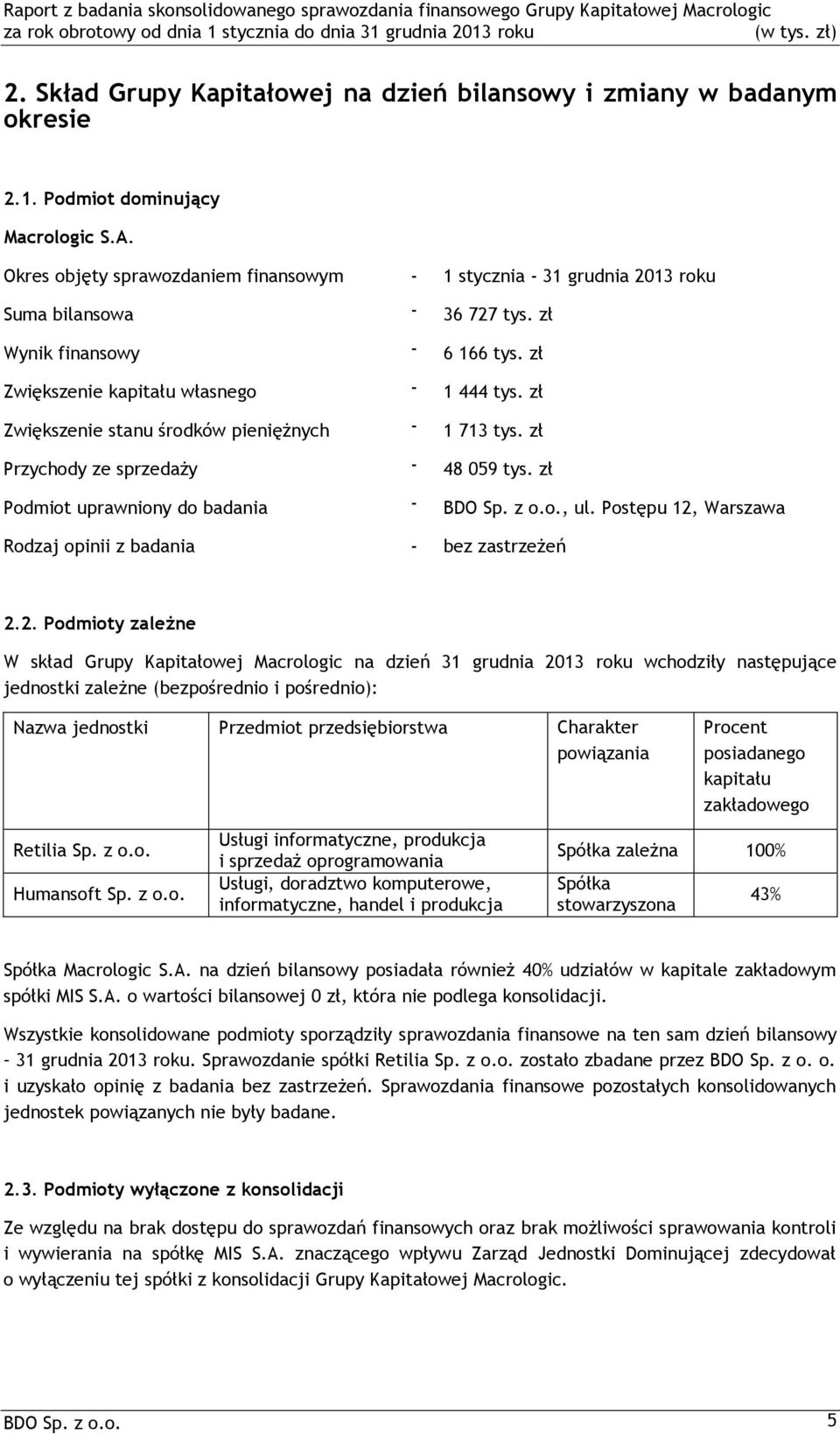 zł Zwiększenie stanu środków pieniężnych - 1 713 tys. zł Przychody ze sprzedaży - 48 059 tys. zł Podmiot uprawniony do badania - BDO Sp. z o.o., ul.